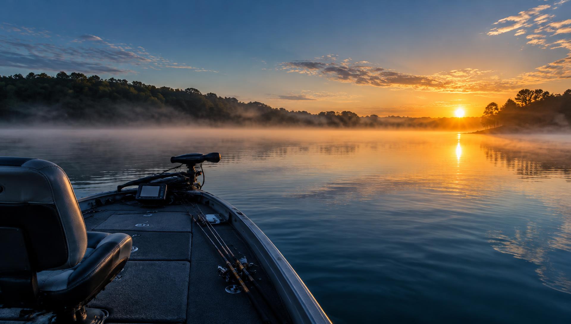 Fishing boat on a misty lake at sunrise